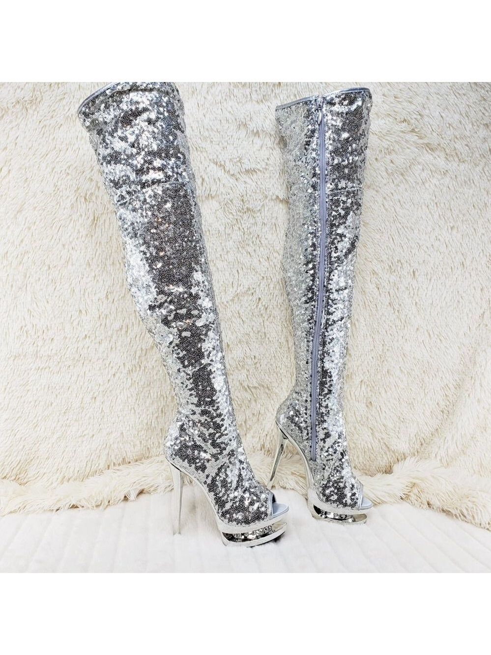 3011 Silver Sequin Open Toe Thigh High Heel Boots Blondie - Picture 12 of 15